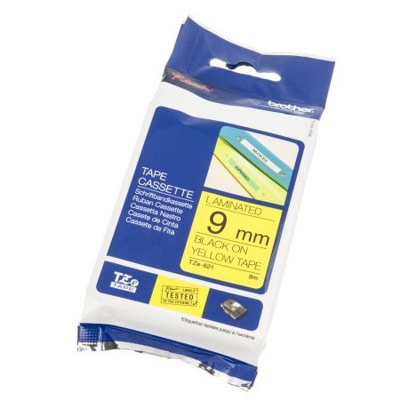 Fita laminada, texto preto sobre fundo amarelo
