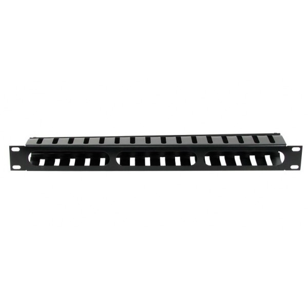 Painel frontal 19" com guia de cabos em metal preto